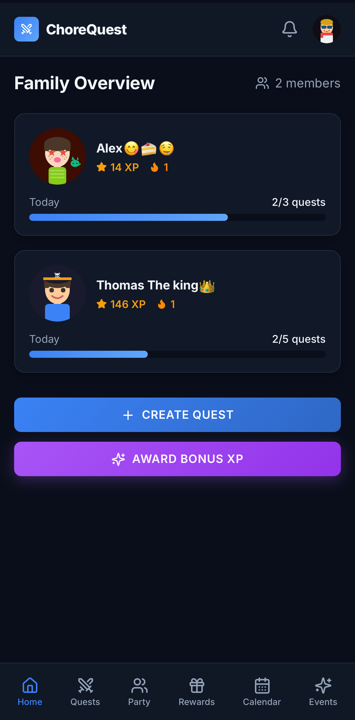 ChoreQuest app home screen